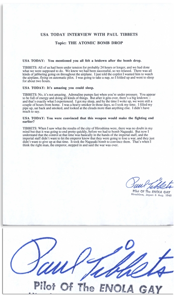 Paul Tibbets Signed Statement Regarding Dropping the Atomic Bomb on Hiroshima During World War II -- Including How He Took a Nap Afterwards